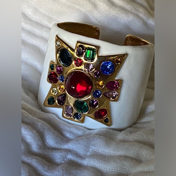 Kenneth Jay Lane Jewelry - Kenneth Jay Lane KJL White Enamel Maltese Cross Cuff Bracelet Red Cabochon